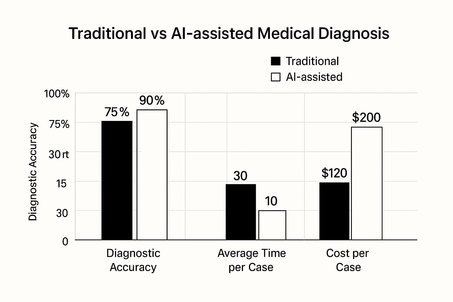A comparison chart showing the differences in accuracy and cost between traditional medical diagnosis and AI-assisted diagnosis