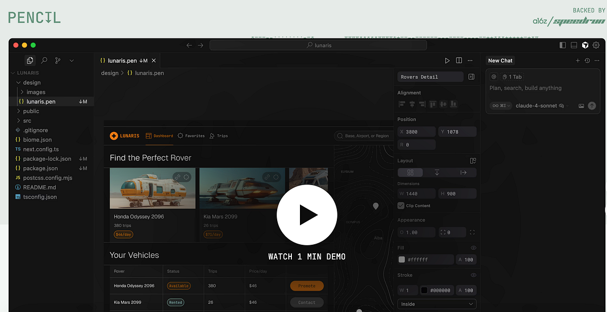 Pencil's design canvas interface—an infinite visual playground opening up inside your IDE
