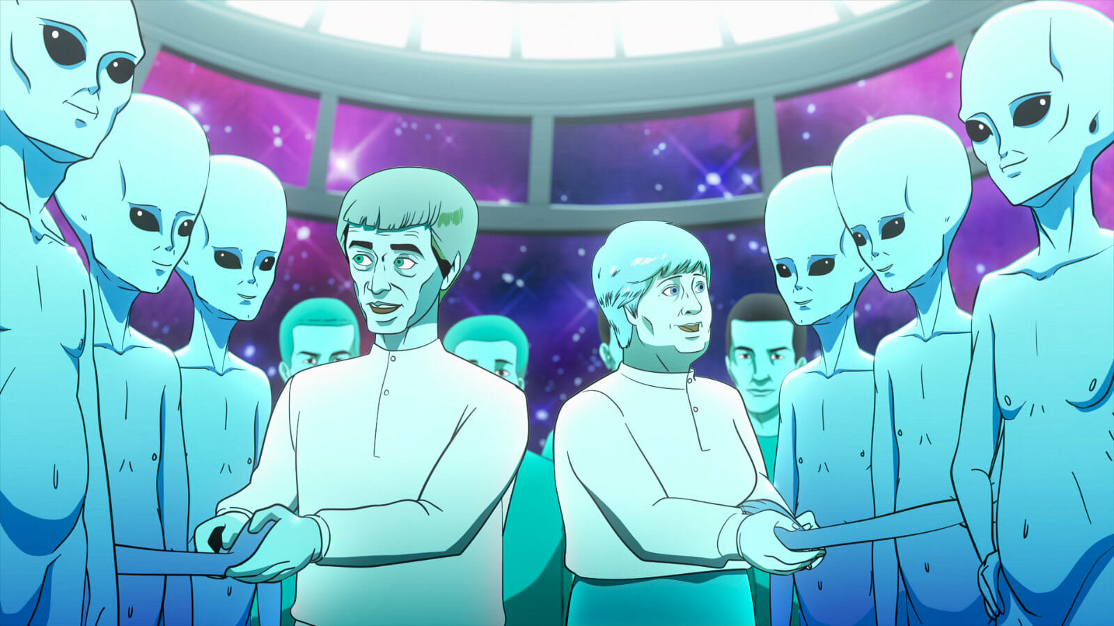 Concept art of AI as a religious leader surrounded by fanatical followers