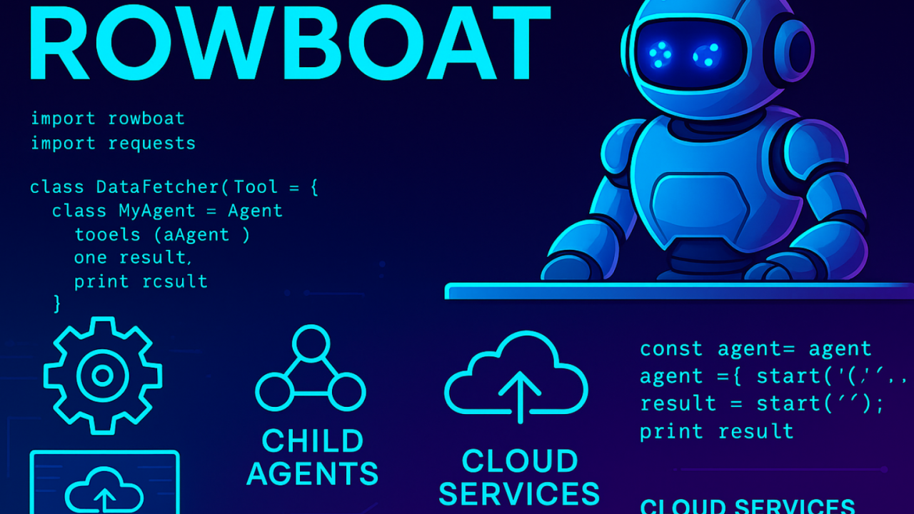 Rowboat Concept Art: A glowing blue robot sitting at a desk, surrounded by connected nodes representing a knowledge graph, with metaphors of code and local files in the background