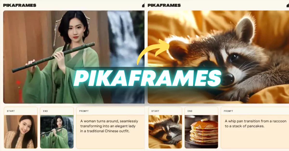 Pika 2.2 Pikaframes feature demo, left is a woman in ancient costume, right is a raccoon, middle is the generated transition