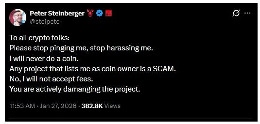 Peter Steinberger publicly declares on X that he will never issue a coin and any token promoted in his name is a scam