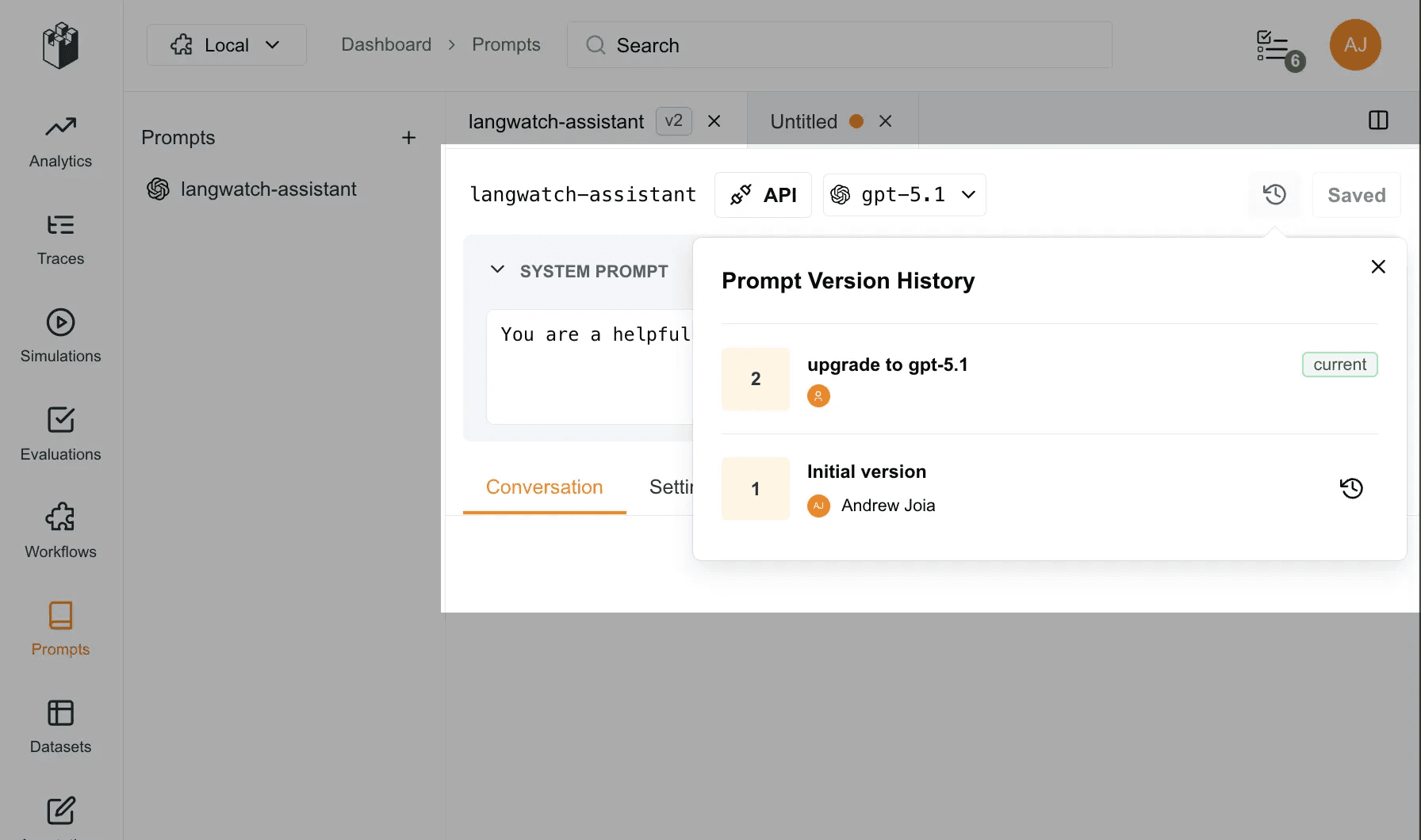 Prompt version management interface, showing authors and timelines for different versions, including upgrade records for GPT-5.1
