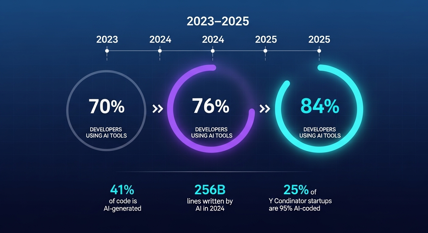 Growth trend of developer adoption of AI programming tools from 2023 to 2025