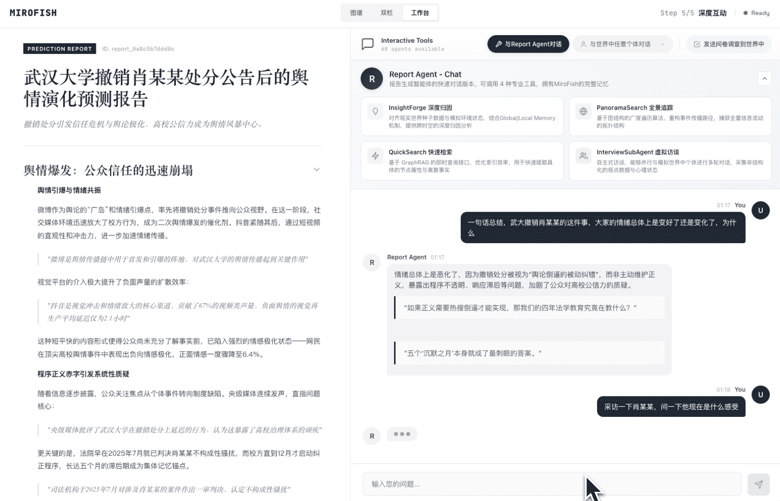 MiroFish Interface — Real-time screenshot of multiple agents interacting in a simulated environment