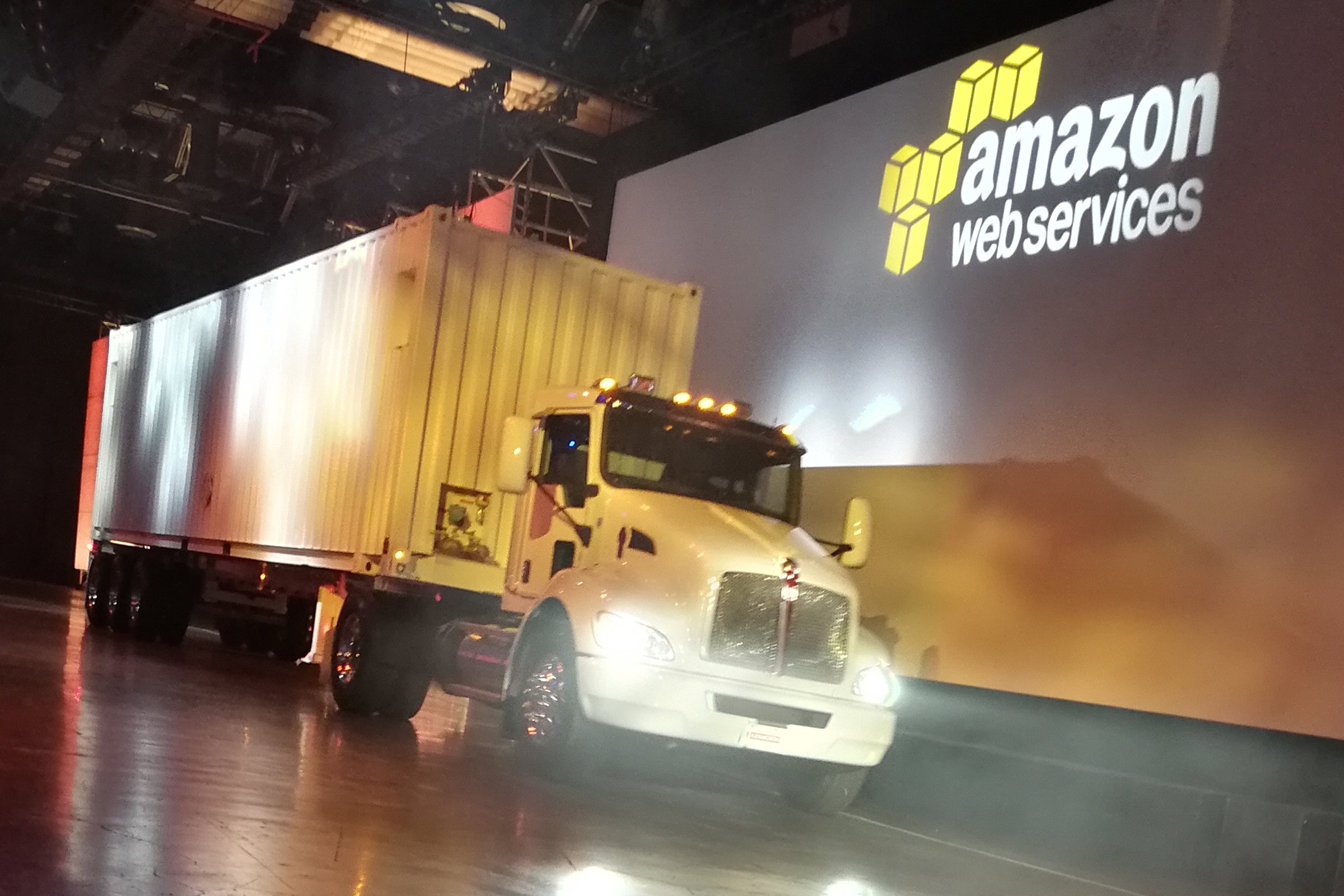 The visually striking data transport truck at the AWS launch event