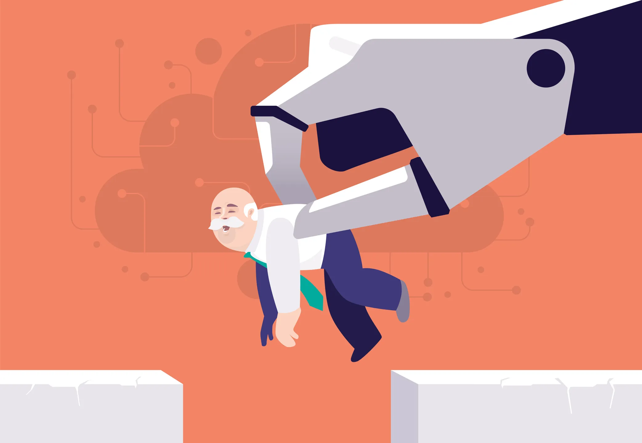 The dramatic tension in this image is off the charts—a giant mechanical hand pushing a person in a suit off a cliff is more straightforward than any PPT.