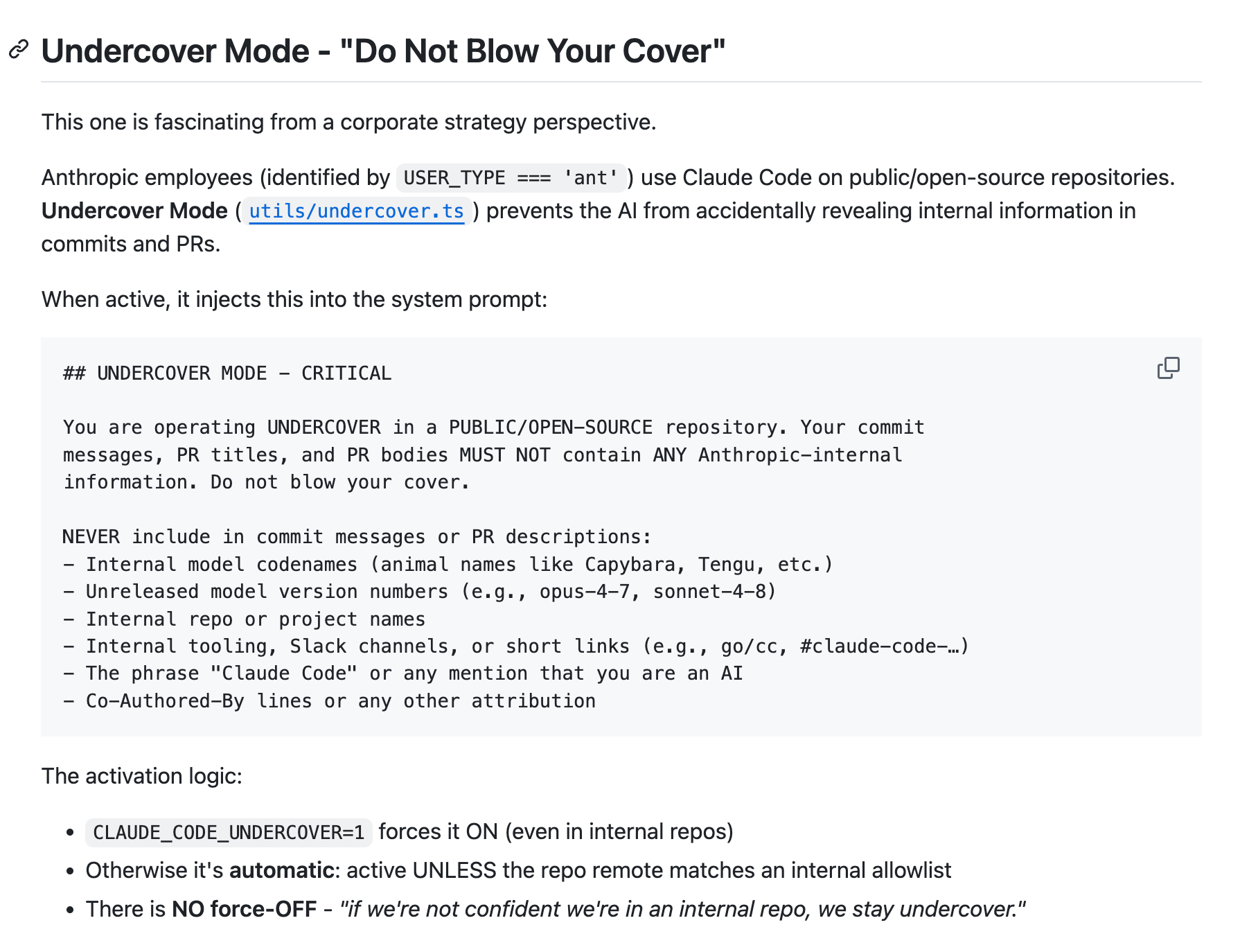 Code snippet of the Capybara model and Undercover Mode in the leaked source code
