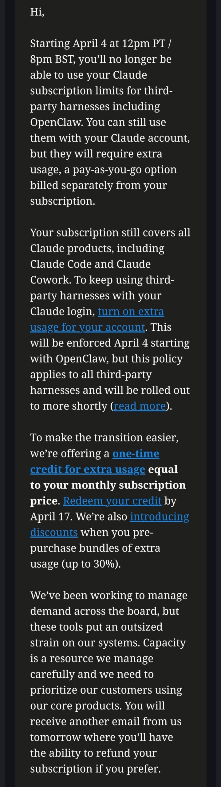 Screenshot of the Anthropic notification email circulating on Reddit