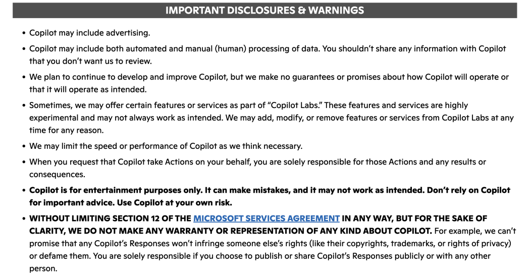 Screenshot of the disclaimer in Microsoft Copilot's terms of use—the words "for entertainment purposes only" are starkly written there