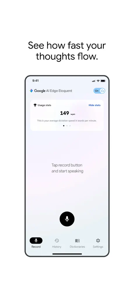 Eloquent's recording interface showing 149 words per minute—fast speakers can use it to test their speaking speed