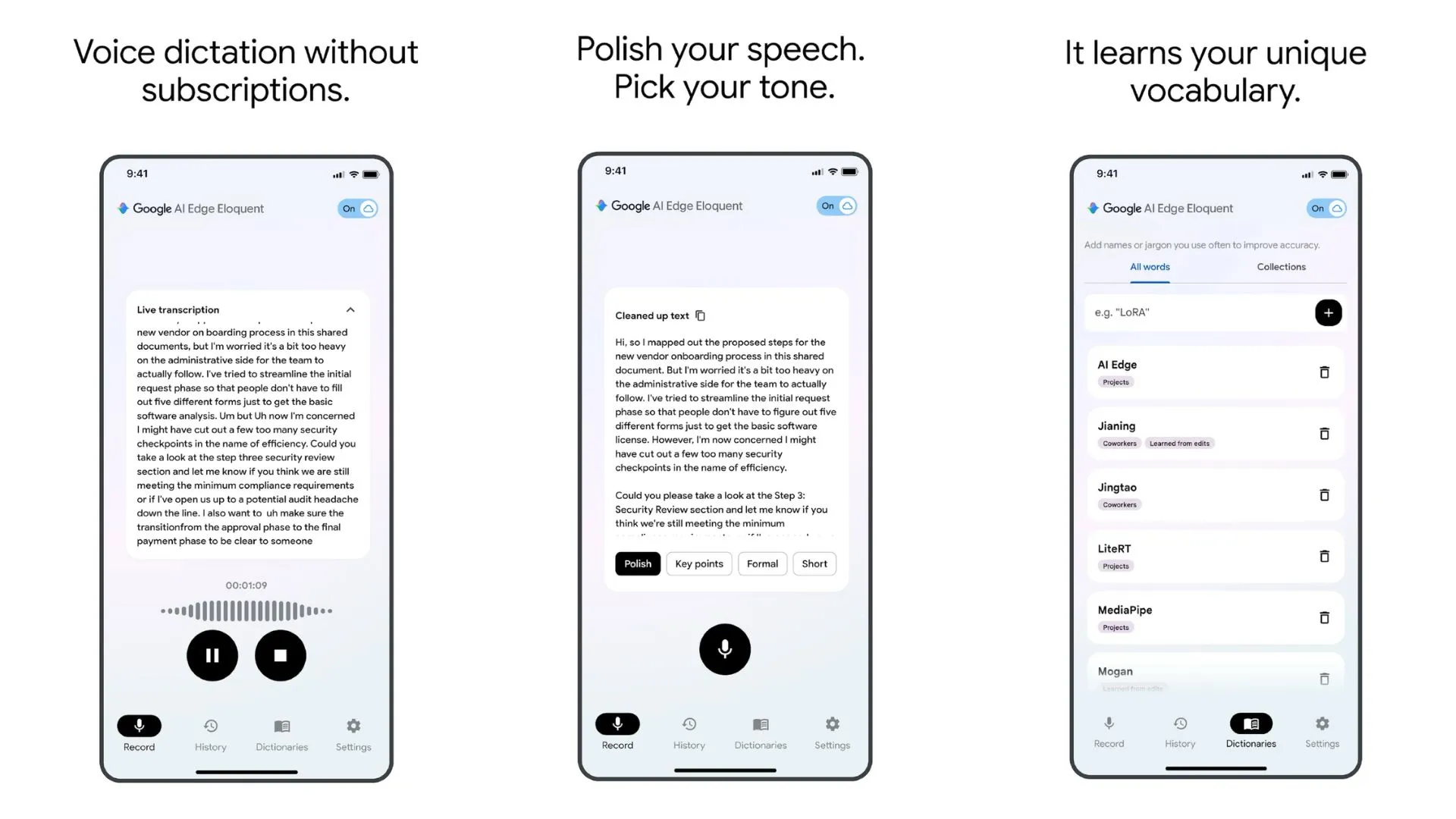 Three App Store screenshots, the dictionary import feature on the right is quite interesting