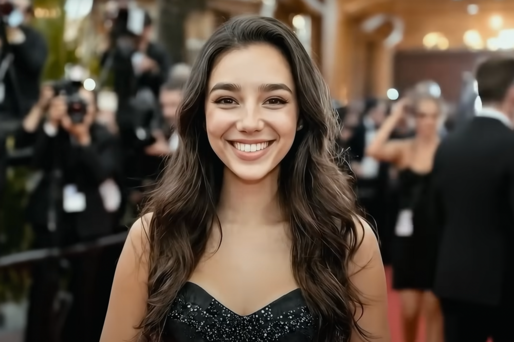 AI-imagined image of Tilly Norwood on the red carpet: a precise but soulless smile