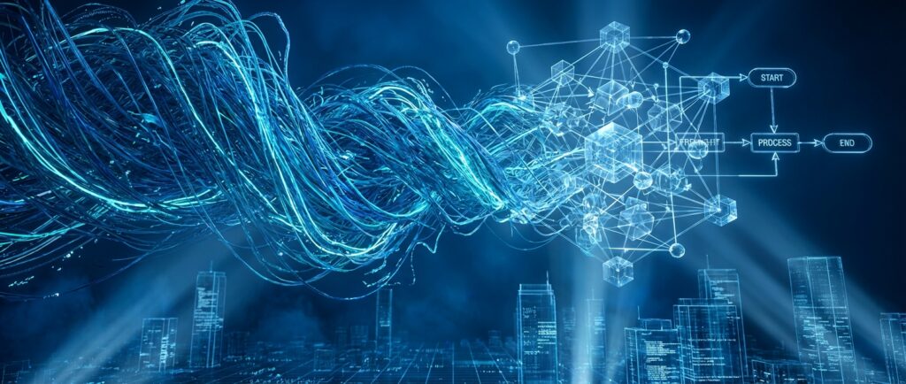 Tangled blue fibers transforming into a structured network and flowchart reading START, PROCESS, END against a digital city.
