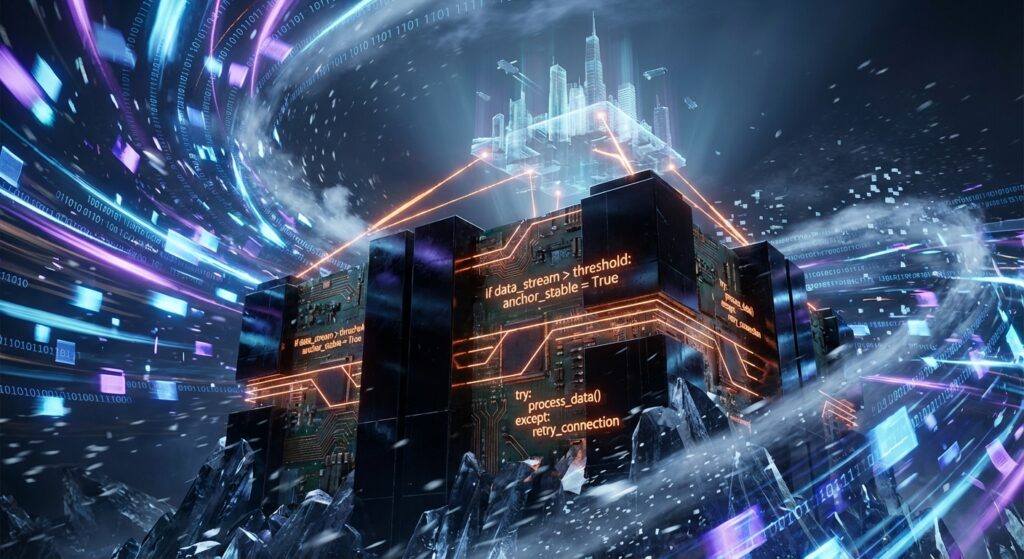 Black server monoliths with glowing circuits and Python code overlays like 'try: process_data()', set in a blue data stream.