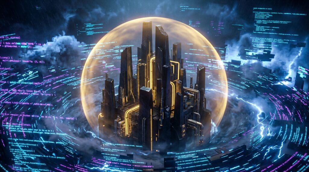 Futuristic monolith citadel inside a glowing gold sphere, shielded from a chaotic storm of blue binary code and data streams.