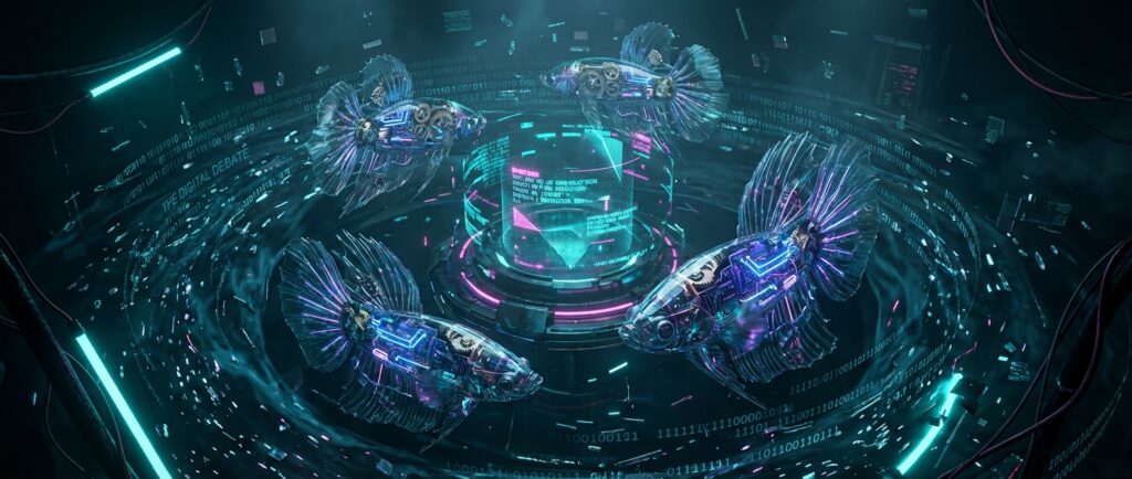 Three cybernetic betta fish swim in a circle around a holographic data column amidst binary code and neon lights.