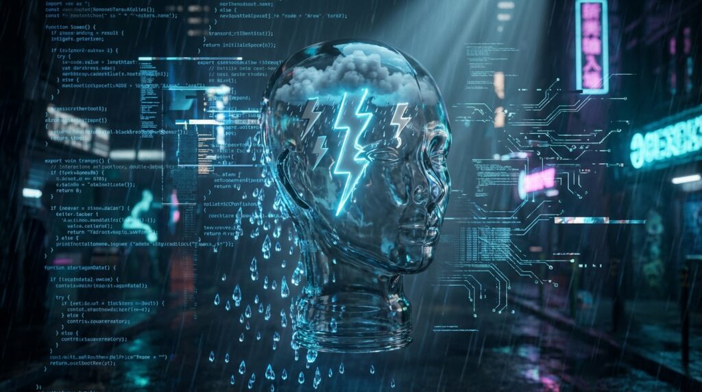Transparent human head silhouette containing clouds and lightning, surrounded by falling rain and glowing computer code lines.