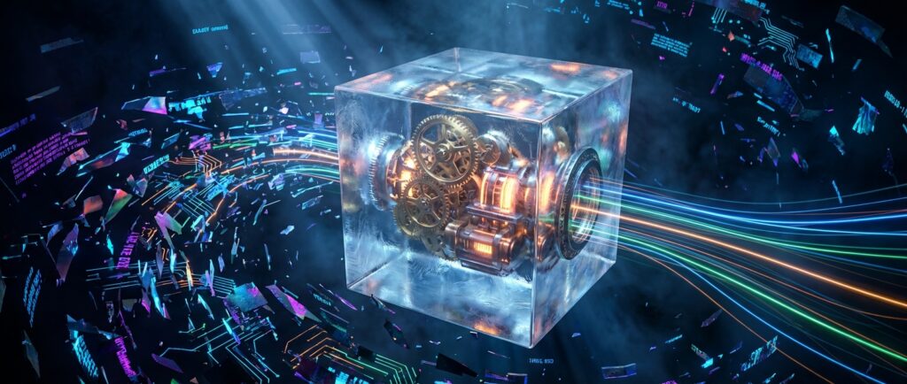 A transparent cube housing glowing gears channeling colorful data streams against a dark digital background.