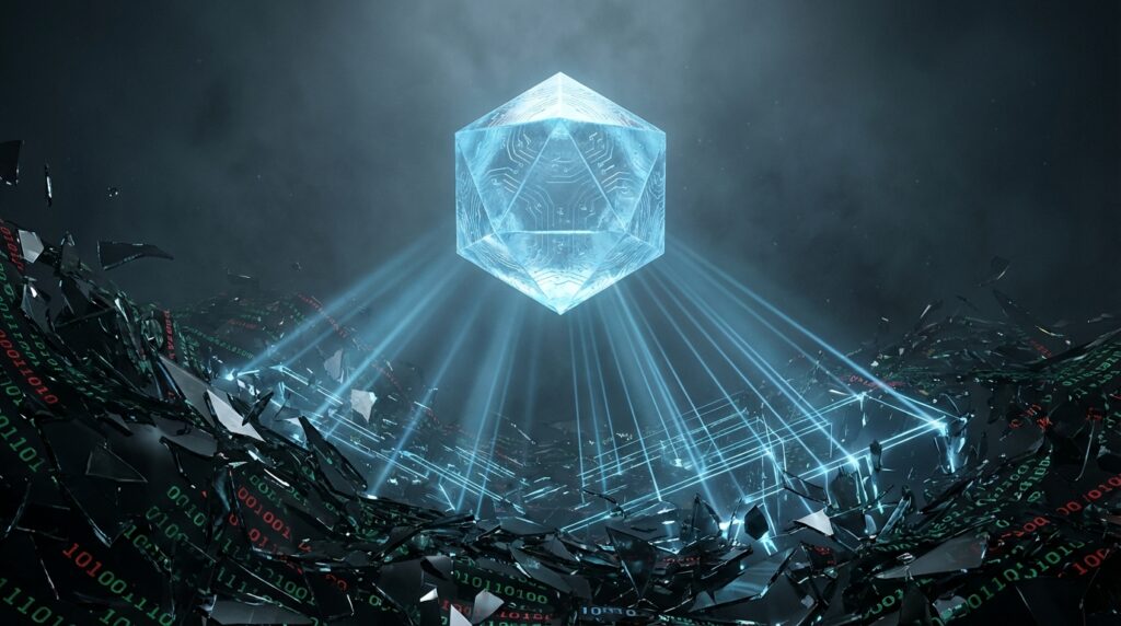 Glowing blue icosahedron with circuit patterns floating above dark shattered glass shards mixed with green and red binary code.