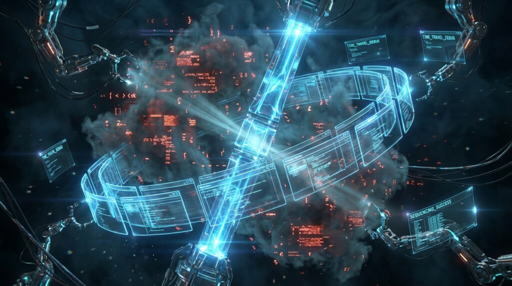 Robotic arms manipulating glowing blue code screens labeled TIME_TRAVEL_DEBUG and SEQUENCING_SUCCESS in a sci-fi setting.