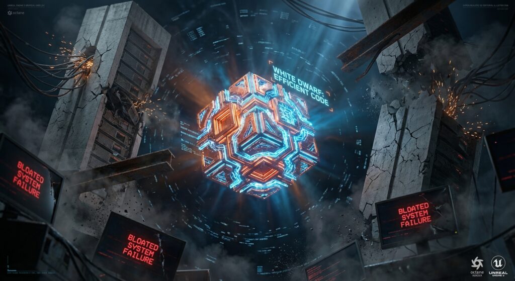 Glowing cube labeled 'WHITE DWARF: EFFICIENT CODE' floating amidst broken servers labeled 'BLOATED SYSTEM FAILURE'.
