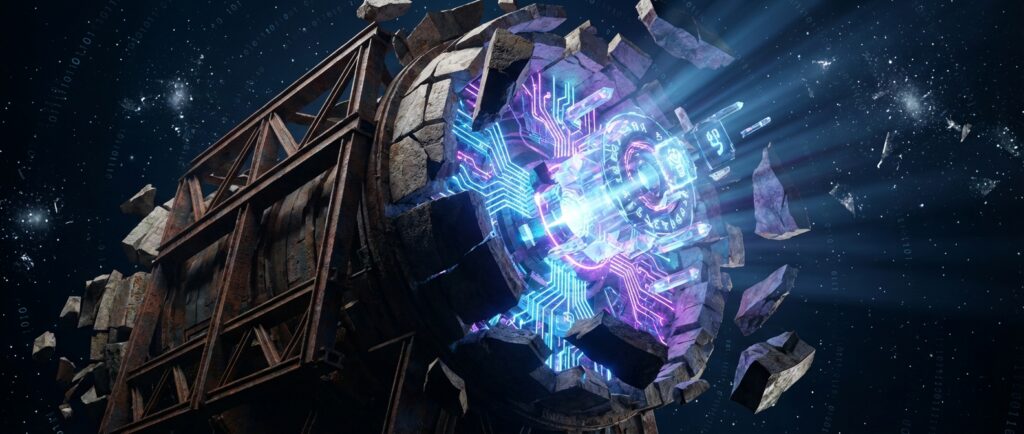 A stone cylindrical structure crumbling to reveal a glowing blue and purple high-tech circuit core within deep space.