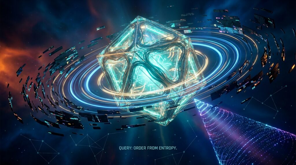 A luminous geometric cube in space organizing chaotic data blocks into rings. Text reads: QUERY: ORDER FROM ENTROPY.