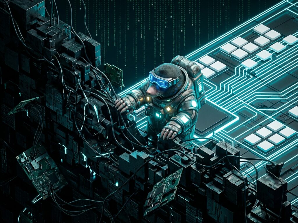 Futuristic mole in an astronaut suit repairing complex circuit boards and wires amidst a backdrop of falling green digital code.