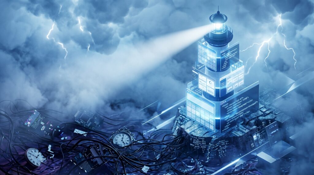 A glowing lighthouse built of digital screens and code stands firm against a stormy sky above tangled wires and broken clocks.