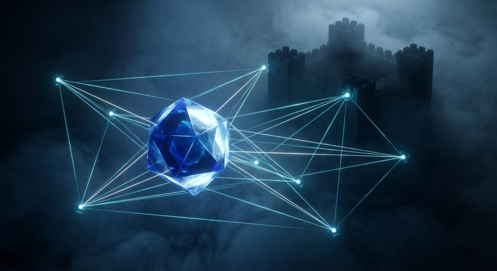 A glowing blue polyhedron connected to satellite nodes by laser lines, set against a dark, foggy silhouette of a stone castle.