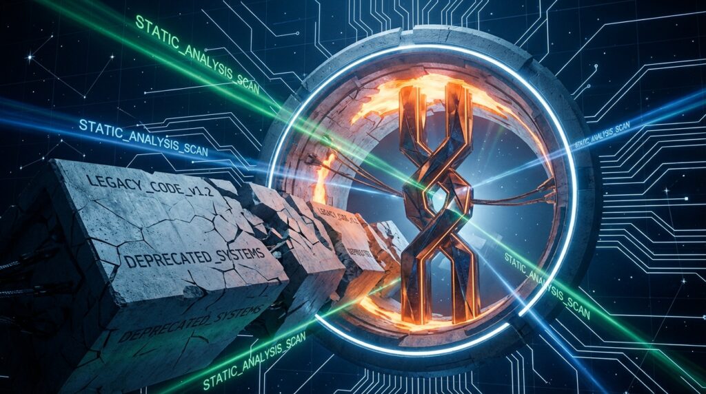 Stone blocks labeled LEGACY_CODE_v1.2 crumbling near a glowing Rust structure scanned by lasers labeled STATIC_ANALYSIS_SCAN.