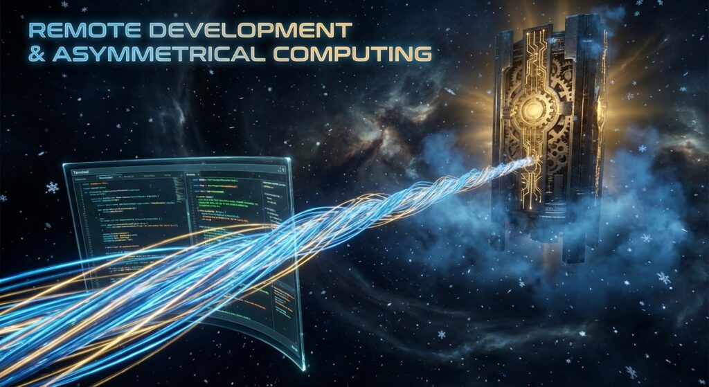 Futuristic code interface connected via light cables to a space monolith. Text: REMOTE DEVELOPMENT & ASYMMETRICAL COMPUTING.