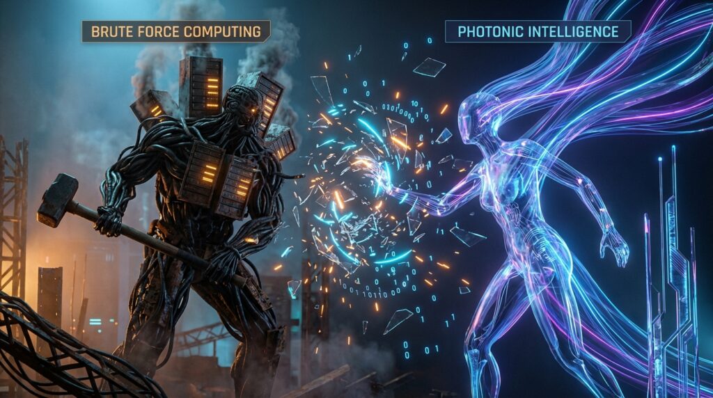 左侧名为“BRUTE FORCE COMPUTING”的生锈机械巨人手持铁锤，正对峙右侧名为“PHOTONIC INTELLIGENCE”的蓝色发光人形，象征传统算力堆砌与新型光子智能的冲突。