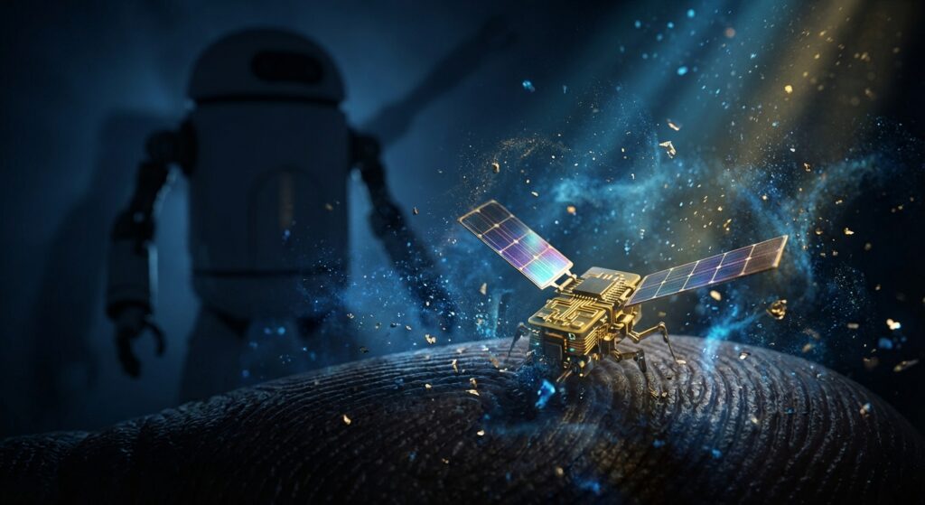 特写镜头显示一只带有光伏翼板的金色微型机器人停留在人类指纹的脊线上，背景是深蓝色调下模糊的大型机器人剪影。