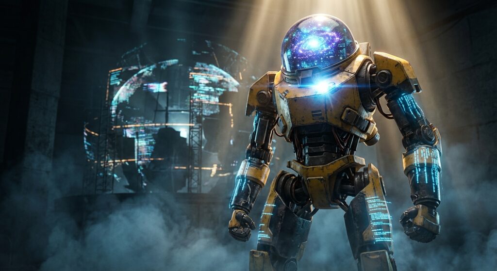 一个黄色工业风格的人形机器人，头部是包含发光星系和数据的透明玻璃罩，矗立在昏暗的工厂中，背景有全息地球投影。