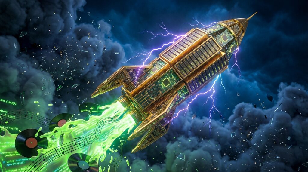 一枚由金色服务器机架和电路板组成的火箭向右上方发射，冲入雷暴云层，尾部喷射出带有音符、黑胶唱片和绿色代码的荧光液体尾焰。