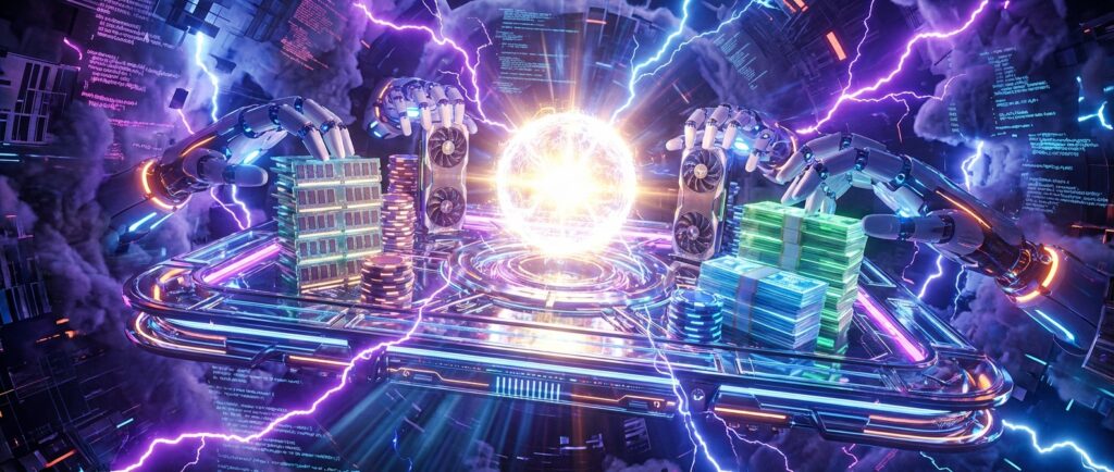 机械手在发光能量核心旁操作，周围环绕着成堆的内存条、显卡和巨额钞票，背景充满紫色闪电和数字代码。