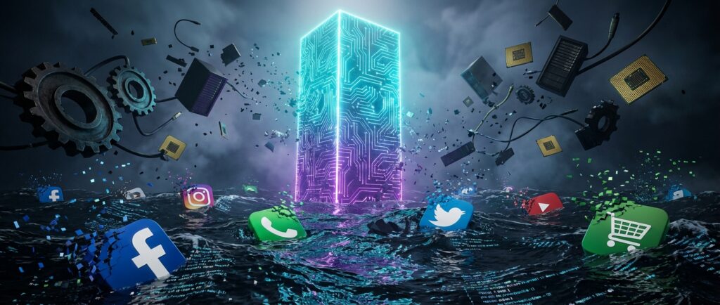 一座发光的AI电路巨塔矗立在黑暗的风暴海面，周围漂浮着破碎的Facebook、Instagram、推特等App图标以及悬浮的电脑芯片和齿轮。