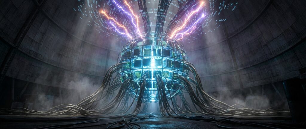A glowing sphere of computer chips connected by thick cables, emitting lightning and data streams in a dark concrete silo.