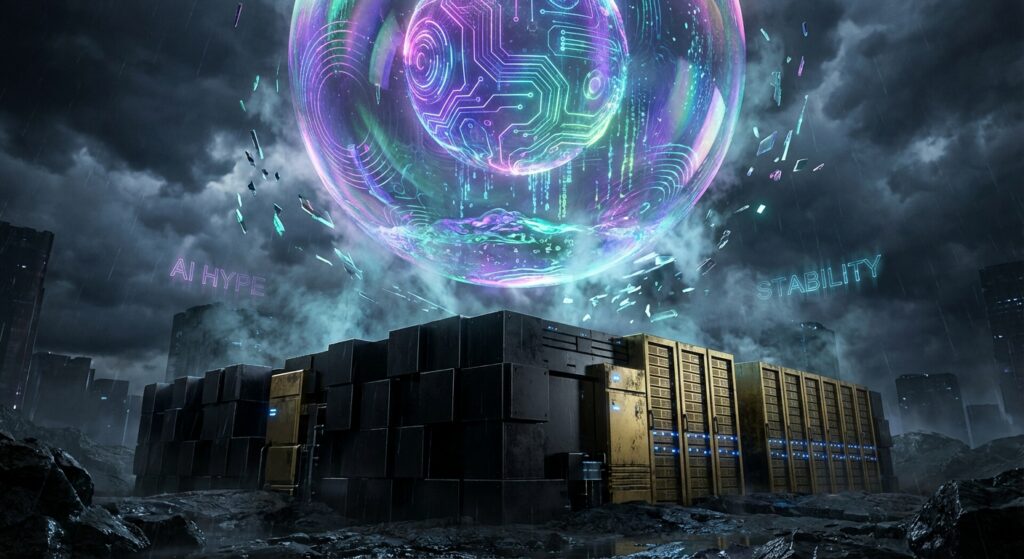 暴风雨中悬浮在黑色方块服务器群上方的发光数字球体，左侧漂浮着霓虹文字“AI HYPE”，右侧显示“STABILITY”。