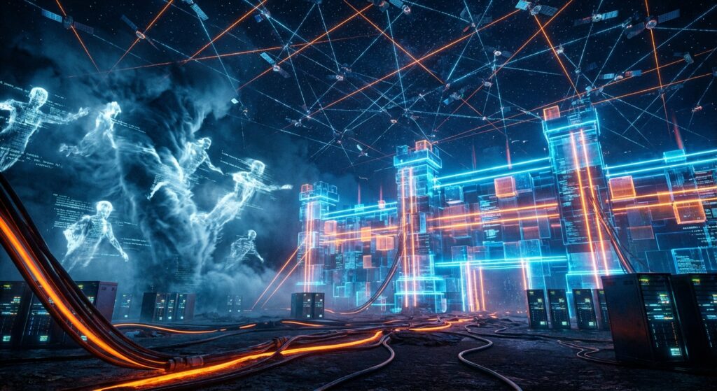 Holographic AI figures stream into a neon digital fortress under a web of satellites and connected server racks.