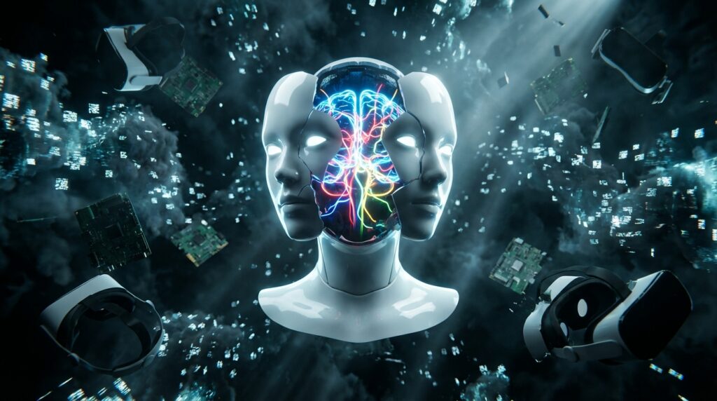 A white android head splits open revealing a glowing neural network, surrounded by floating VR headsets and circuit boards.