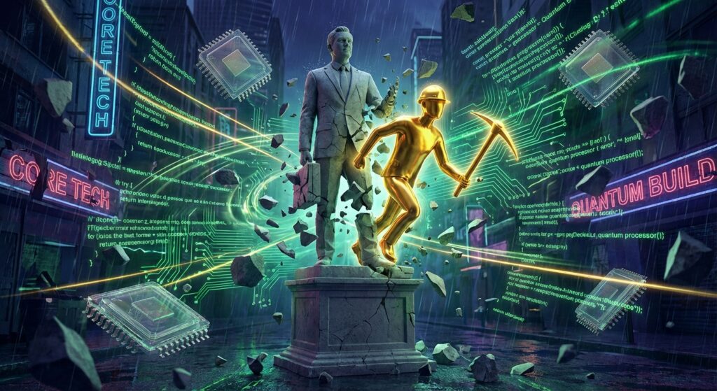 一个发光的金色建筑工人手持镐头，从破碎的石质西装男雕像中破壳而出，背景充斥着绿色代码流、悬浮芯片以及写着 CORE TECH 和 QUANTUM BUILD 的霓虹灯。