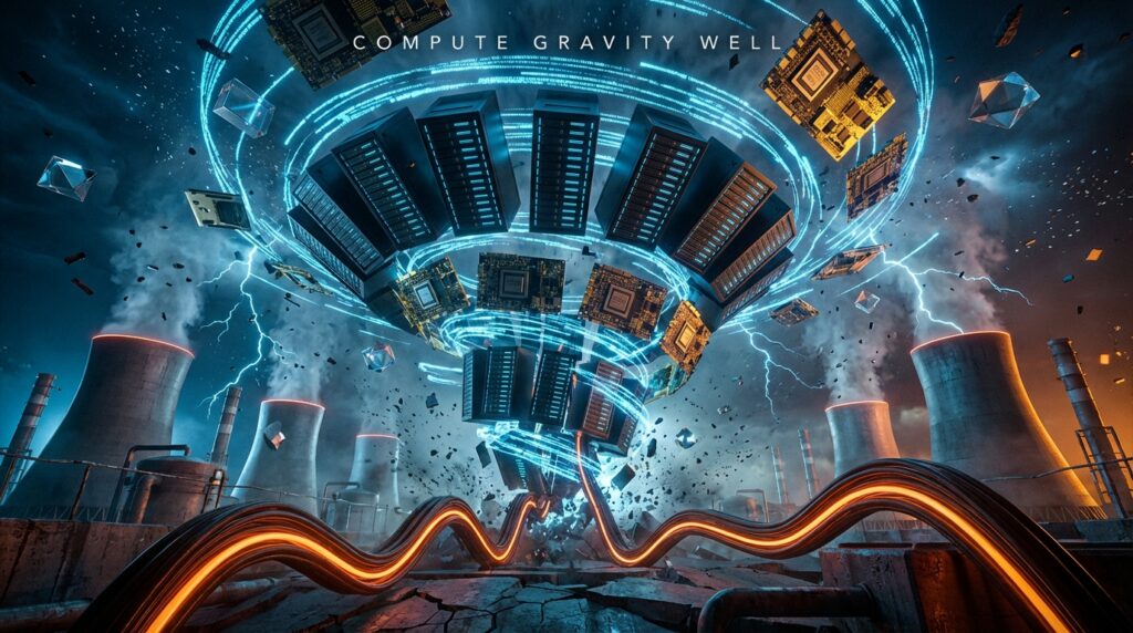 科幻插画显示服务器机柜和芯片形成巨大旋涡，悬浮于工业冷却塔上方，图片上方写有英文文本 COMPUTE GRAVITY WELL。