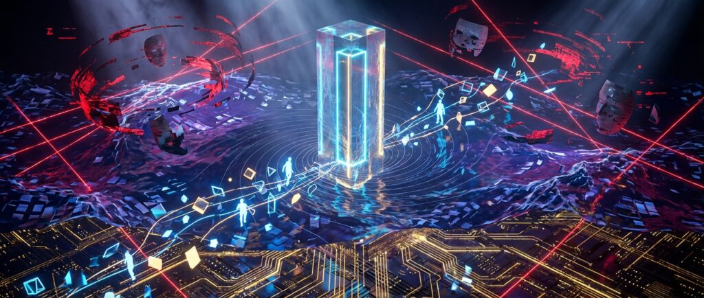 充满未来感的数字景观，中心矗立着发光柱体，周围环绕着交织的红色激光、破碎的浮空面具以及电路板上行走的虚拟人形。