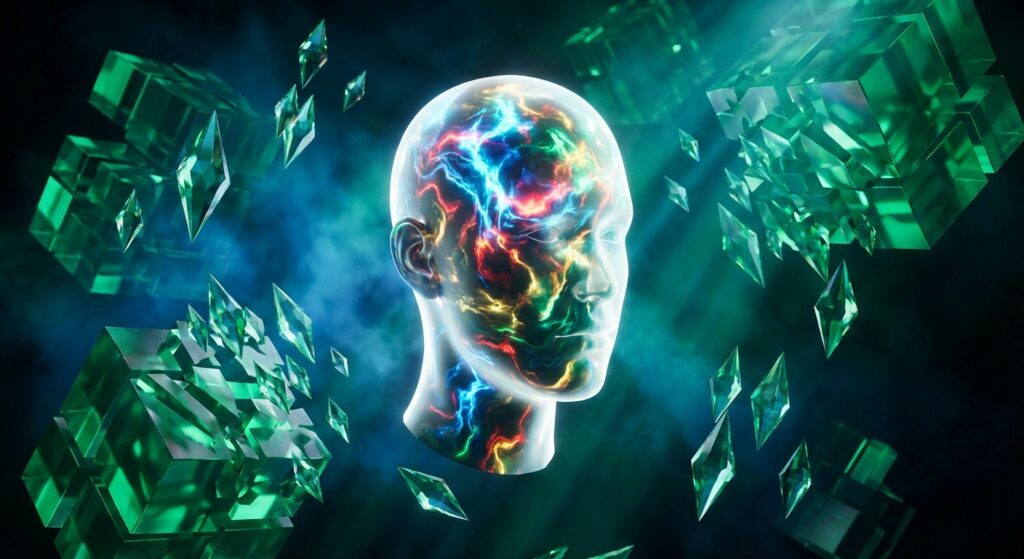 一张科幻风格的3D数字艺术图，展示了一个透明的人头侧影，大脑内部闪烁着彩色神经电流，四周漂浮着许多正在解构的绿色半透明数据方块和晶体碎片。