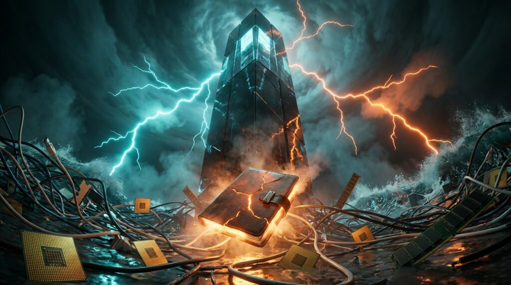 狂风暴雨中，一本发着金光的裂纹日记漂浮在充满电缆、内存条和CPU芯片的汹涌海面上，背景是一座被蓝橙双色闪电击中的黑色科技高塔。