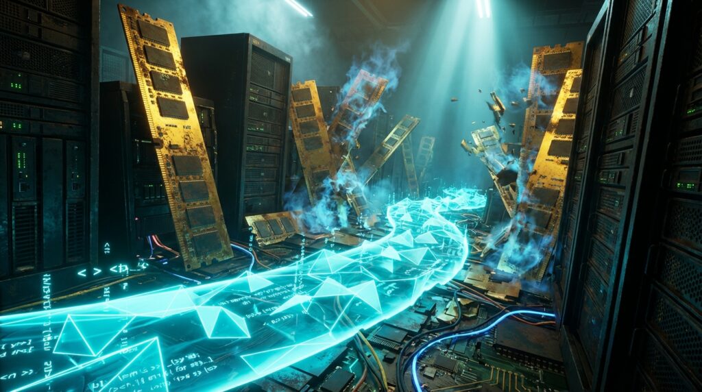 发光的蓝色数据流在昏暗的服务器机房中穿梭，周围是巨大的、正在崩塌的金色内存条，象征着软件与硬件的冲突。
