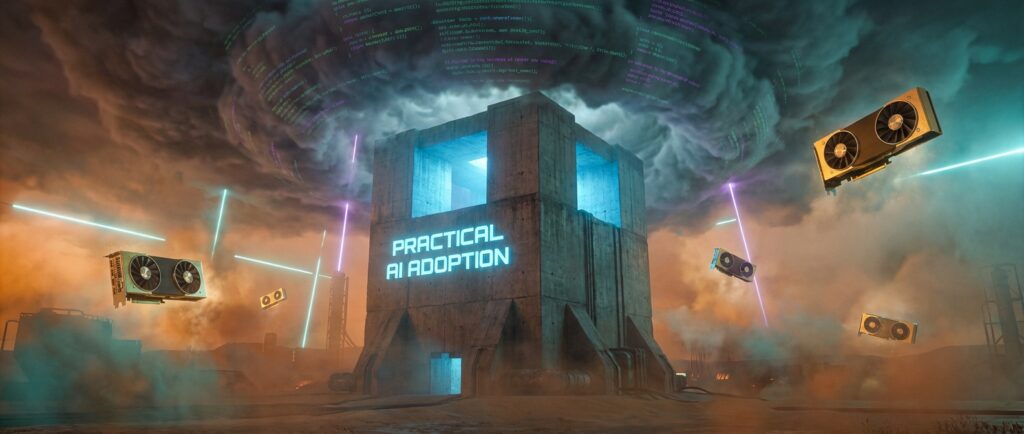 Concrete structure with glowing text PRACTICAL AI ADOPTION, surrounded by floating graphics cards under a storm of digital code.